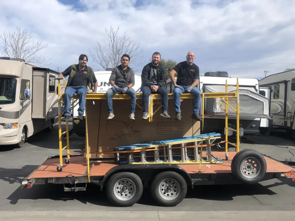 The California RV Glass crew on their job trailer